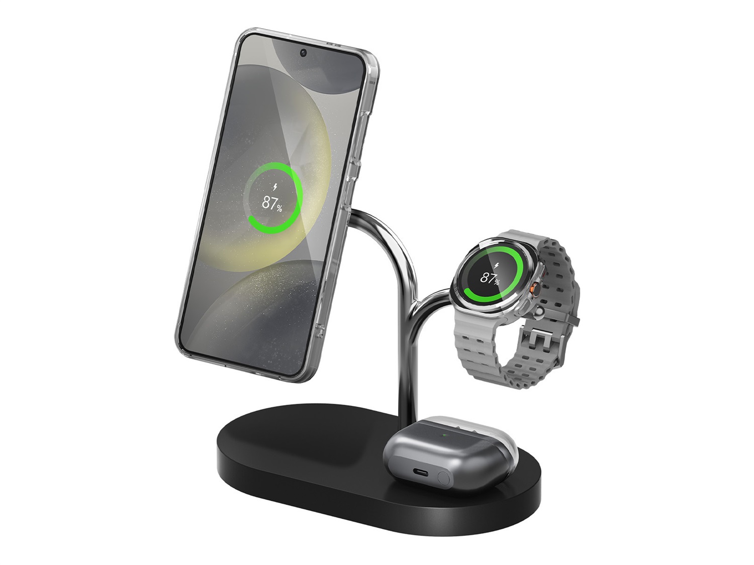 Samsung GP-PWU024WIABW Caricatore Wireless 3-in-1 con Ricarica Rapida 15W per Galaxy Smartphone, Smartwatch e Buds - Nero/Argento, Adattatore e Cavo Inclusi