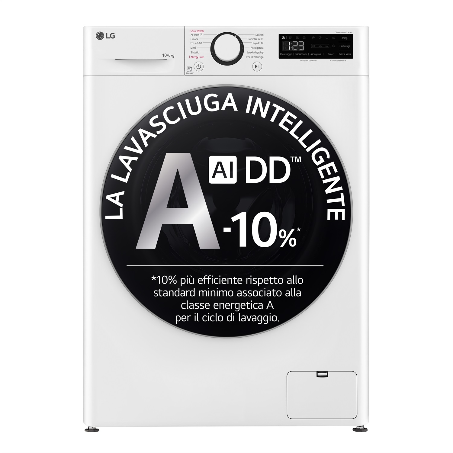 LG D4R5010TSWS Lavasciuga 10/6kg AI DD, TurboWash 360, Vapore, Eco Hybrid, Classe D, 1400 giri/min, Bianca