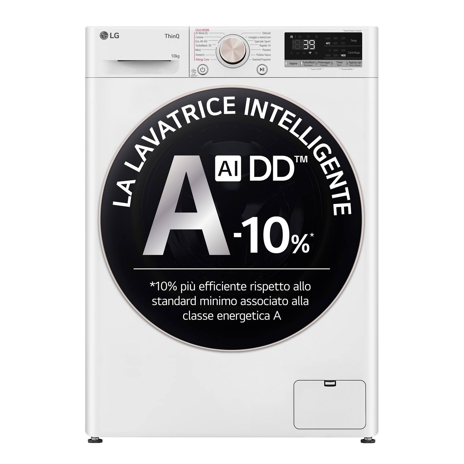 LG F4R7010TSWG Lavatrice 10kg AI DD, Classe A-10%, 1400 giri/min, TurboWash 360, Vapore, Wi-Fi, Libera installazione