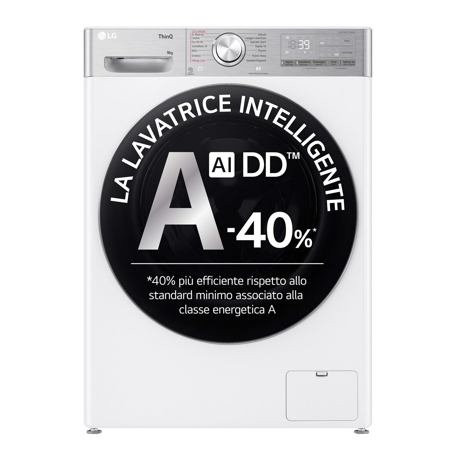 LG F4R9009TPWC Lavatrice 9kg AI DD, Classe A-40%, 1400 giri, TurboWash 360, Vapore, Wi-Fi, Caricamento Frontale, Bianca