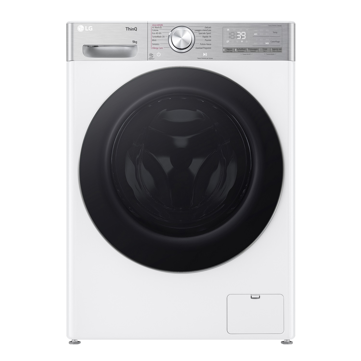 LG F4R9009TPWC Lavatrice 9kg AI DD, Classe A-40%, 1400 giri, TurboWash 360, Vapore, Wi-Fi, Caricamento Frontale, Bianca