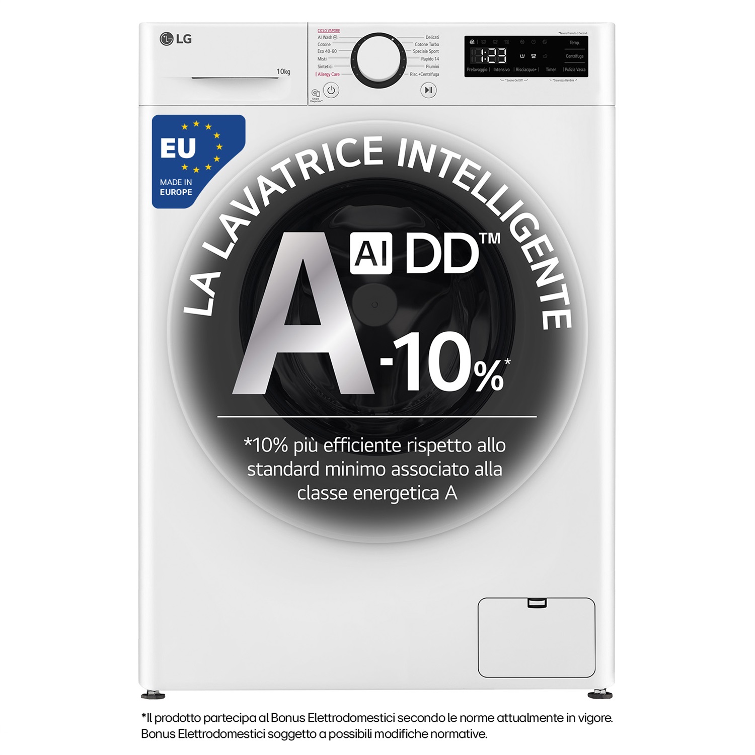 LG F4R3010NSWW Lavatrice 10kg AI DD™ con Lavaggio a Vapore Igienizzante, Classe A-10%, 1400 giri/min, Allergy Care