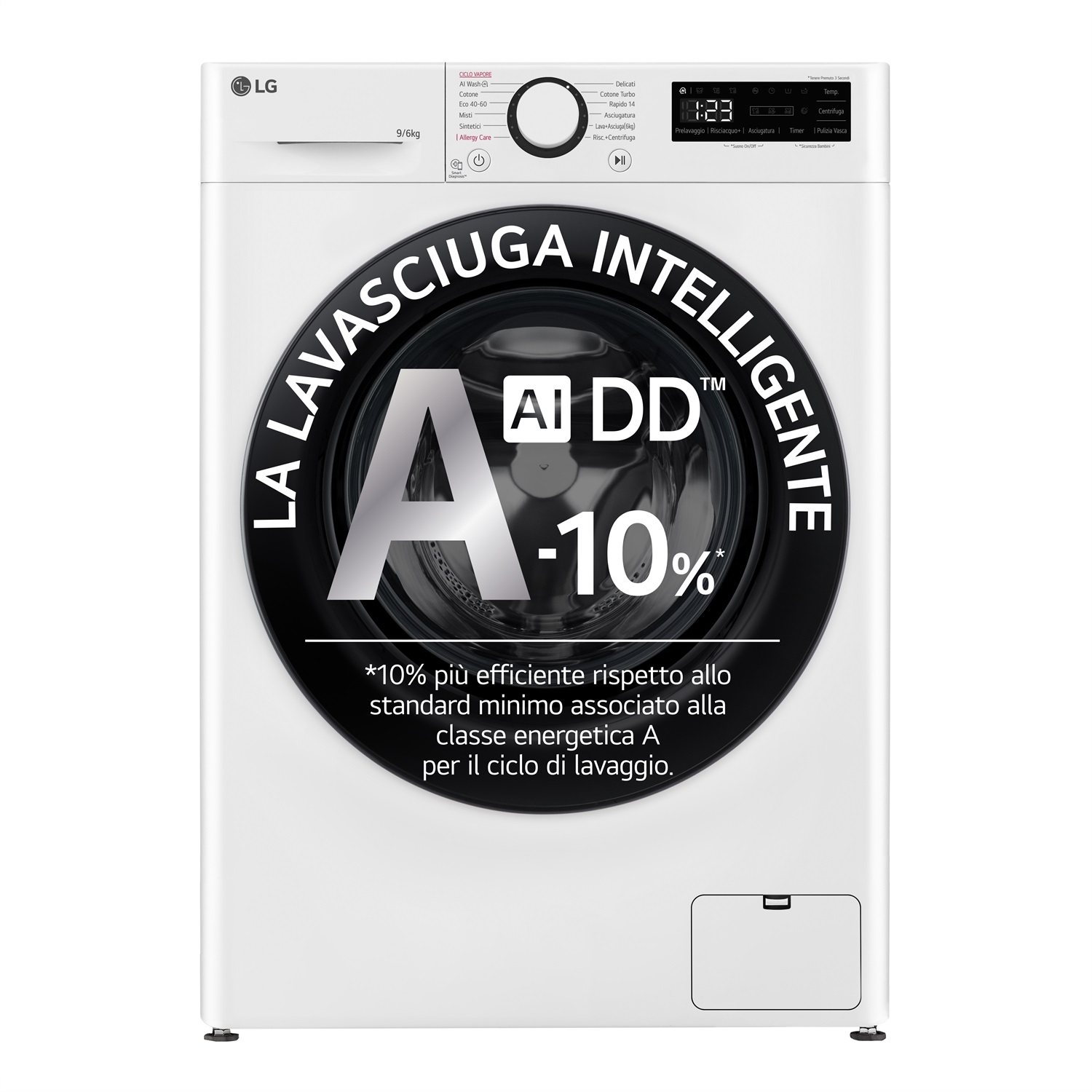 LG D4R3009NSWB Lavasciuga 9kg/6kg AI DD, Classe A-10%/D, 1400 giri, Lavaggio a Vapore, Eco Hybrid, Allergy Care, Motore Inverter Direct Drive, Bianco