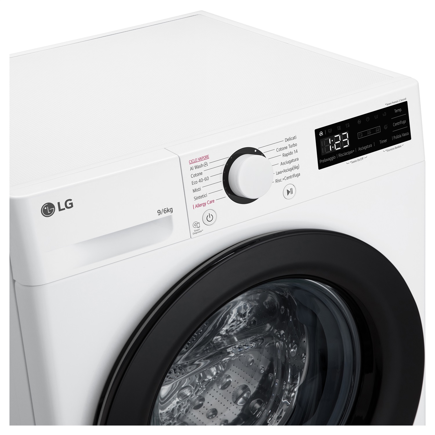 LG D4R3009NSWB Lavasciuga 9kg/6kg AI DD, Classe A-10%/D, 1400 giri, Lavaggio a Vapore, Eco Hybrid, Allergy Care, Motore Inverter Direct Drive, Bianco