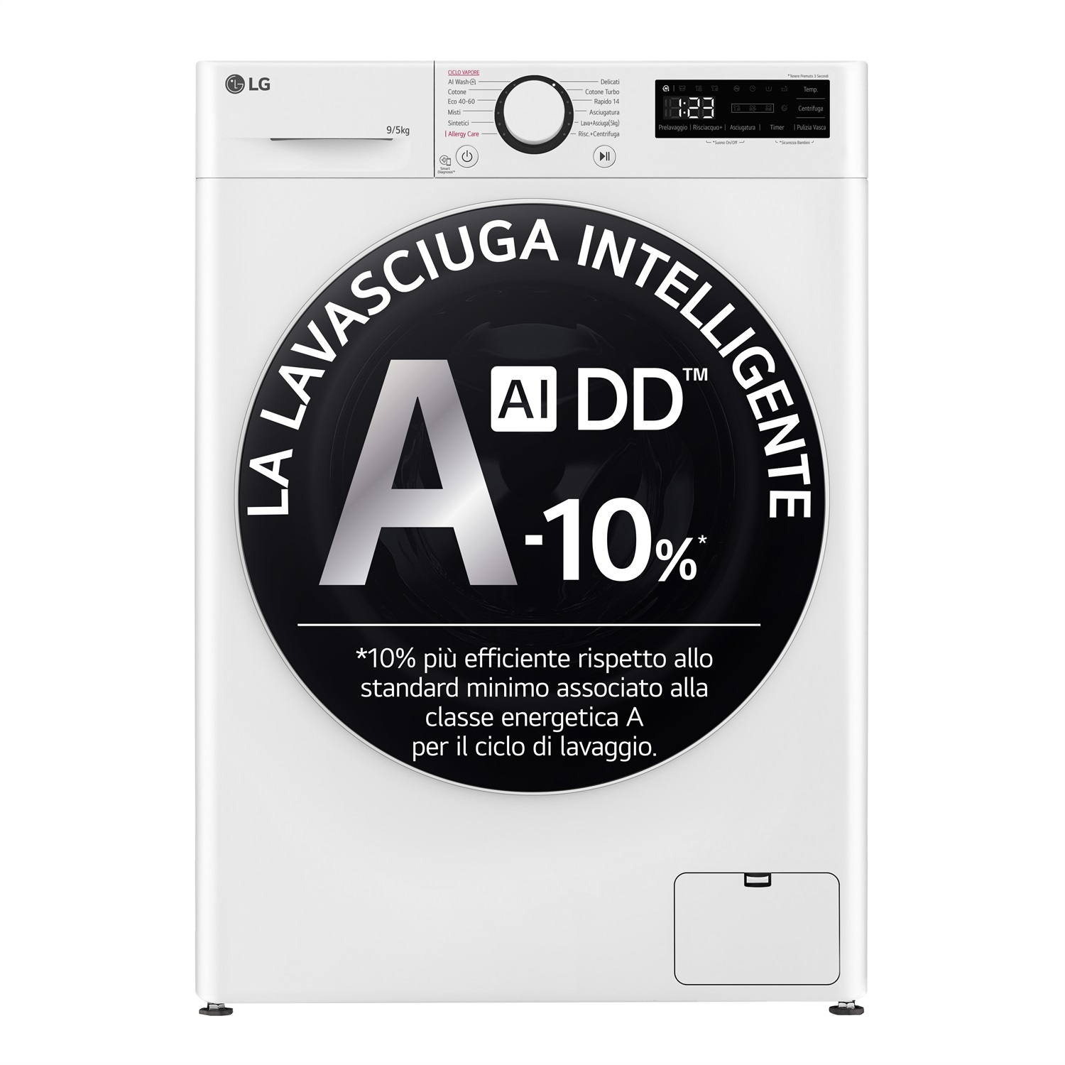 LG D2R5S09TSWW Lavasciuga Slim 9/5kg AI DD, Classe E, 1200 giri, TurboWash 360, Vapore, Caricamento frontale, Libera installazione, Bianco, Profondità 48 cm