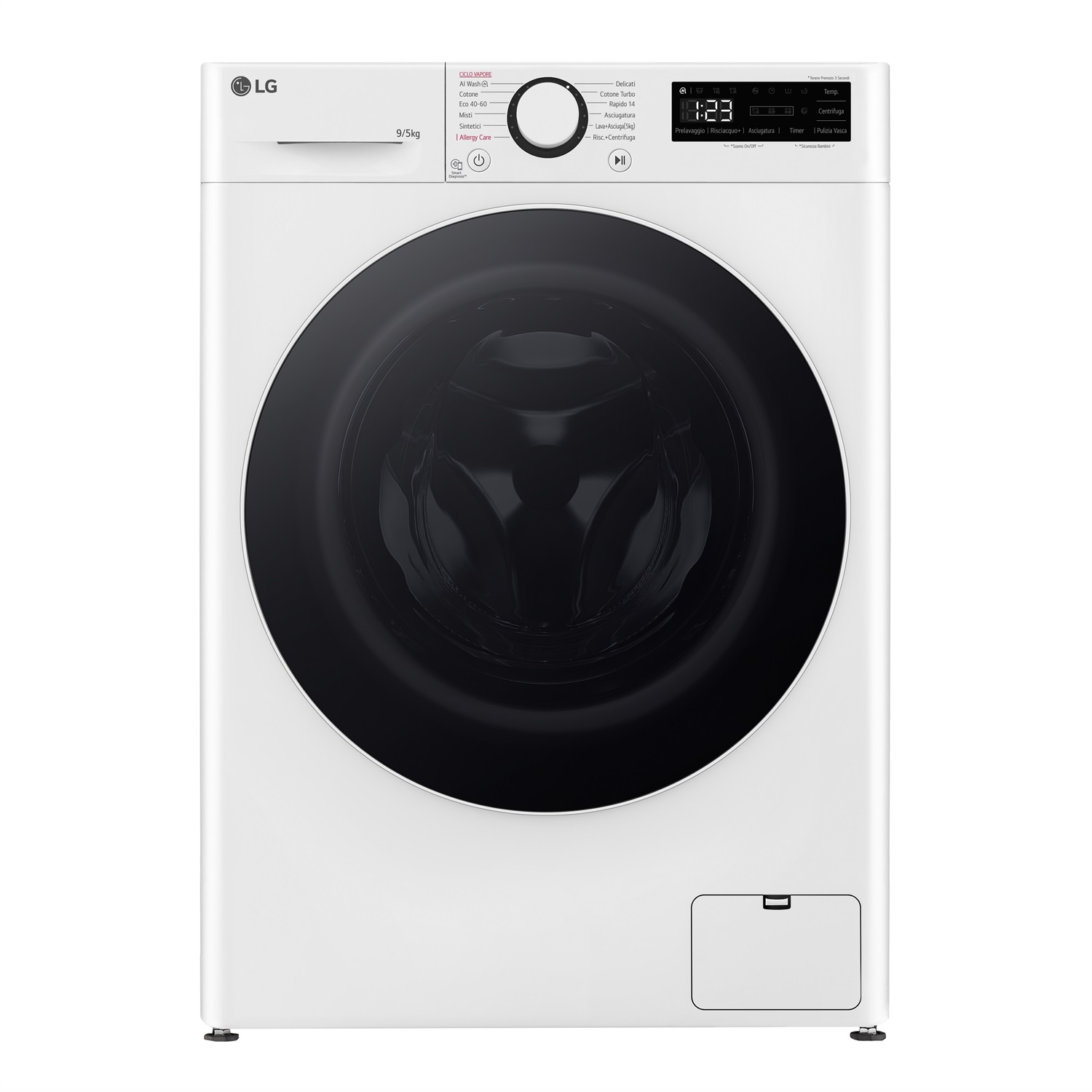 LG D2R5S09TSWW Lavasciuga Slim 9/5kg AI DD, Classe E, 1200 giri, TurboWash 360, Vapore, Caricamento frontale, Libera installazione, Bianco, Profondità 48 cm