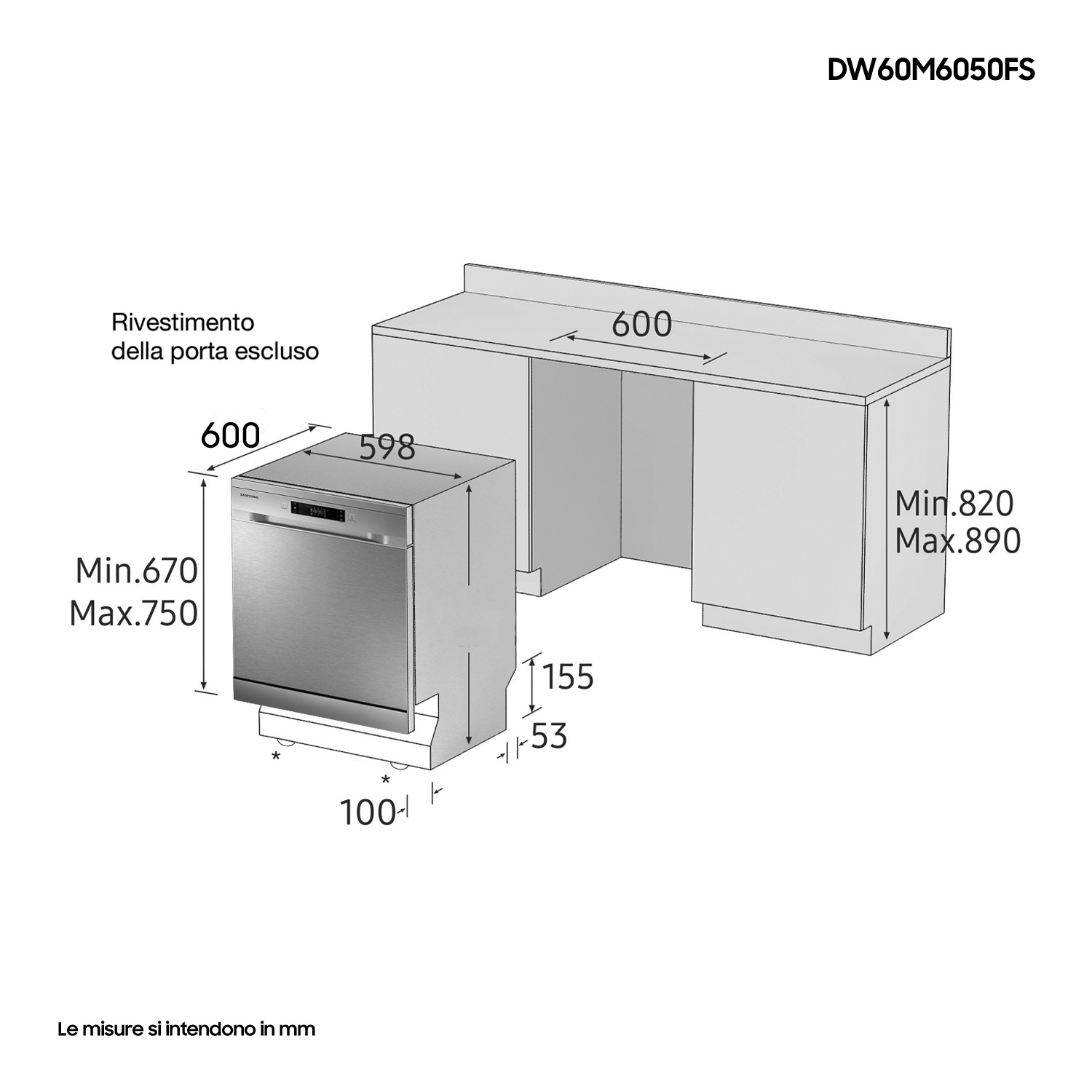 Samsung Lavastoviglie DW60M6050FS a Libera Installazione 60 cm, Acciaio Inox, Comandi a Scomparsa, Sensori Touch, Classe E