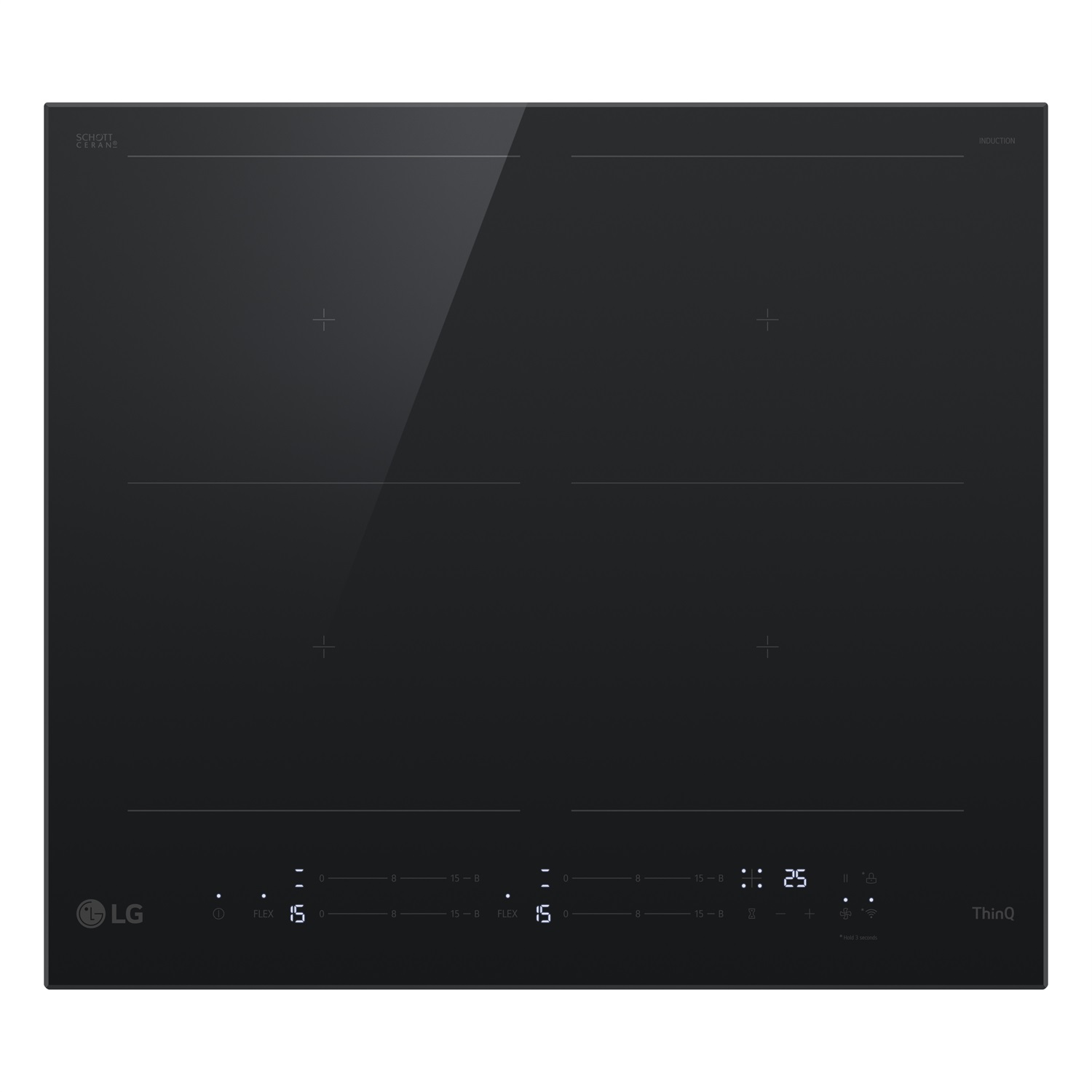 LG CBIZ2437B Piano Cottura Induzione 60cm, 4 Zone Totali, 2 Zone Flex, Potenza da 2,5 a 7,4kW, Controlli Touch Slide, Wi-Fi, Vetro Ceramico SCHOTT, Nero