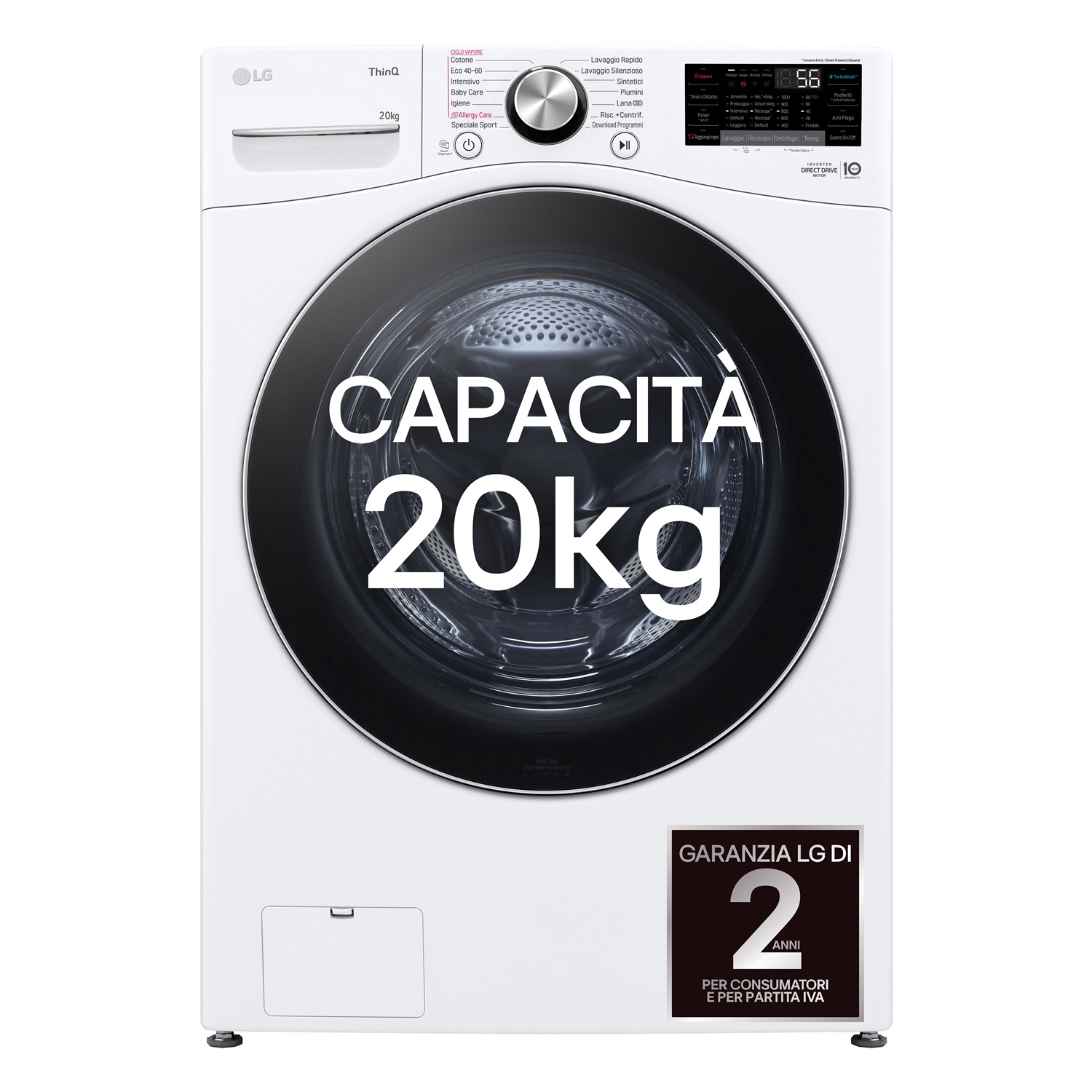 LG F0P3020TSWC Lavatrice AI DD™ 20kg Capacità XL Caricamento Frontale, Classe B, 1000 Giri, TurboWash 360, Vapore, Wi-Fi, Bianco