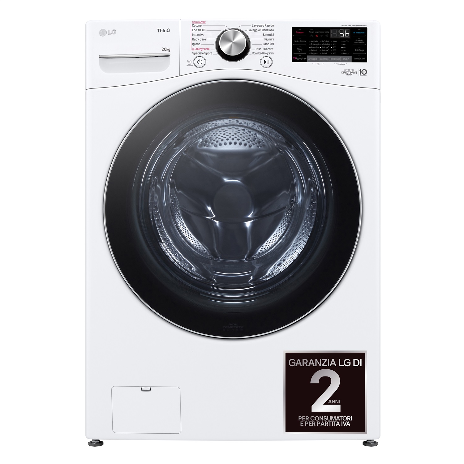LG F0P3020TSWC Lavatrice AI DD™ 20kg Capacità XL Caricamento Frontale, Classe B, 1000 Giri, TurboWash 360, Vapore, Wi-Fi, Bianco