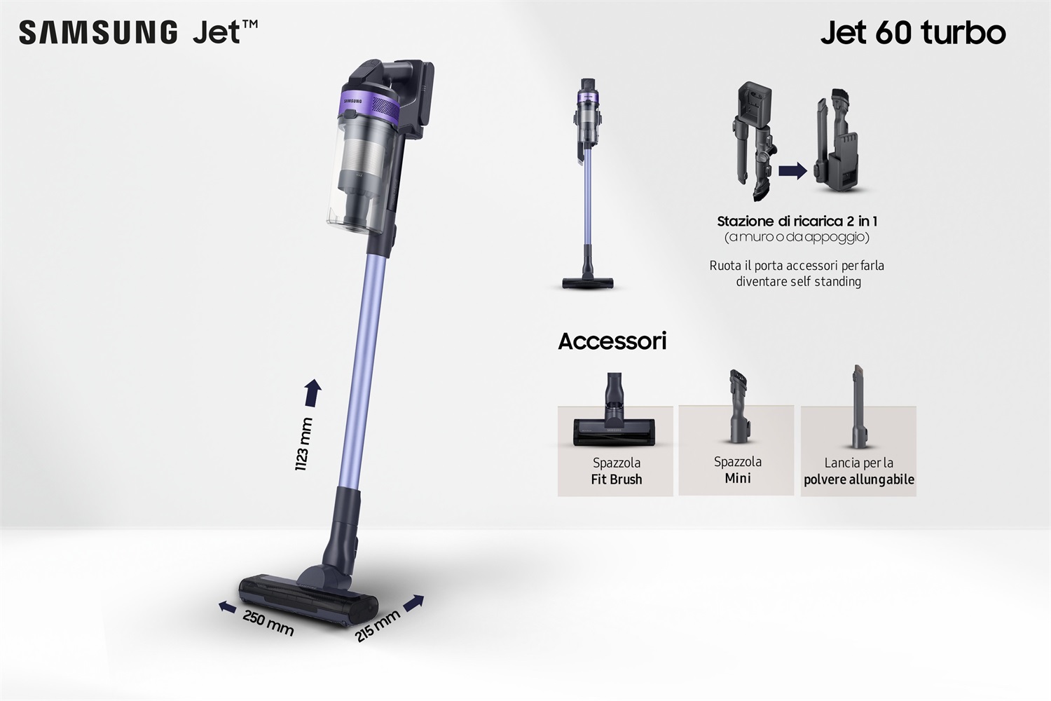 Samsung Aspirapolvere Senza Filo Jet 60 Turbo VS15A6031R4, Potenza 150W, Fino a 40 Minuti di Autonomia, Senza Sacco, Colore Nero/Violet