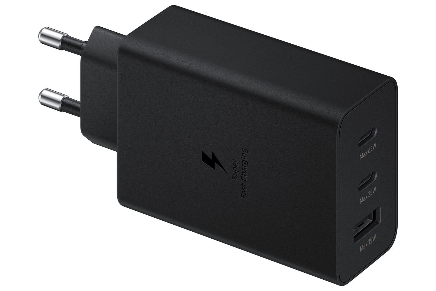 Samsung EP-T6530 Caricabatterie da rete 65W con 1x USB-A e 2x USB-C, Carica rapida per Smartphone e Tablet, Nero