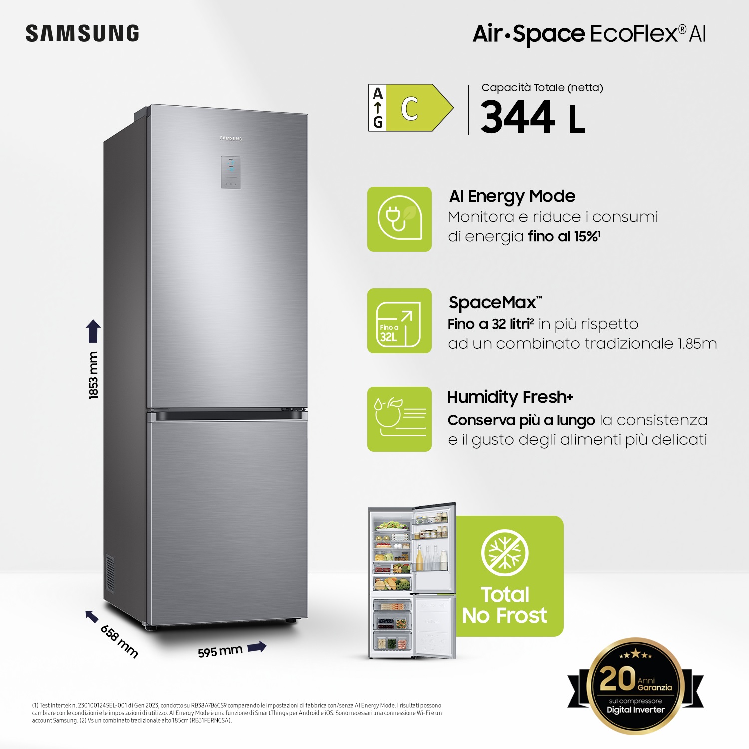 Samsung RB34C775CS9 Frigorifero Combinato EcoFlex AI 1.85m 344L Classe C Acciaio Inossidabile con Wi-Fi e Total No Frost