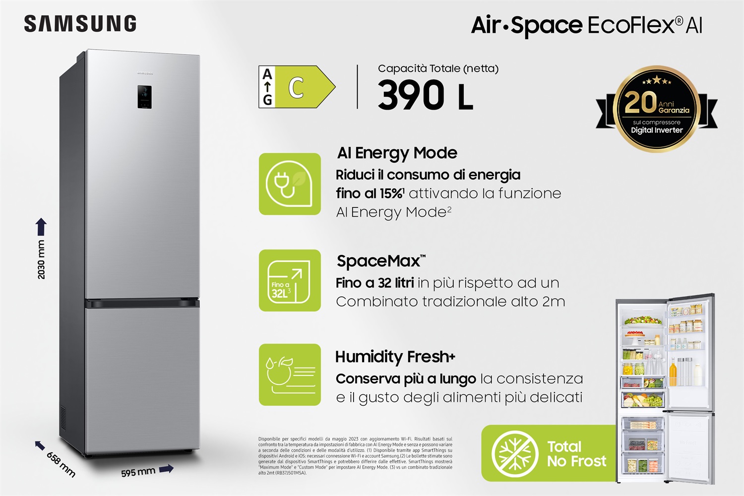Samsung Frigorifero Combinato EcoFlex AI RB38C674CSA/EF, WiFi, SpaceMax, Total No Frost, All Around Cooling, Motore Digital Inverter 20 Anni, 390L, Silver Inox