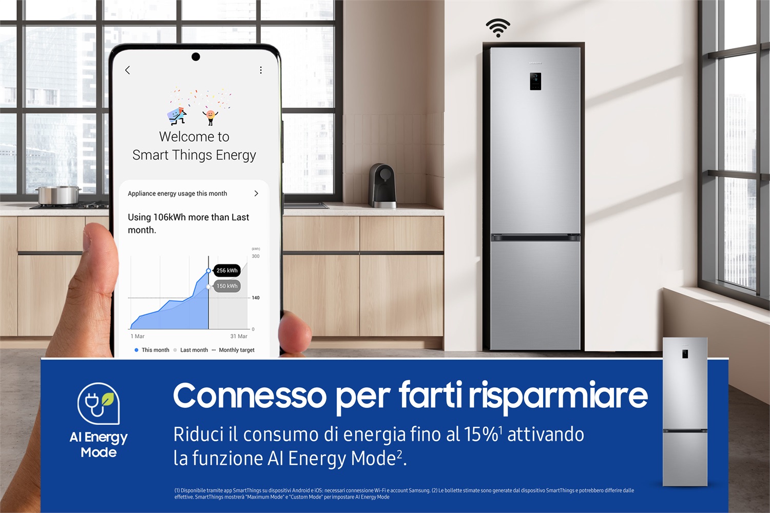 Samsung Frigorifero Combinato EcoFlex AI RB38C674CSA/EF, WiFi, SpaceMax, Total No Frost, All Around Cooling, Motore Digital Inverter 20 Anni, 390L, Silver Inox
