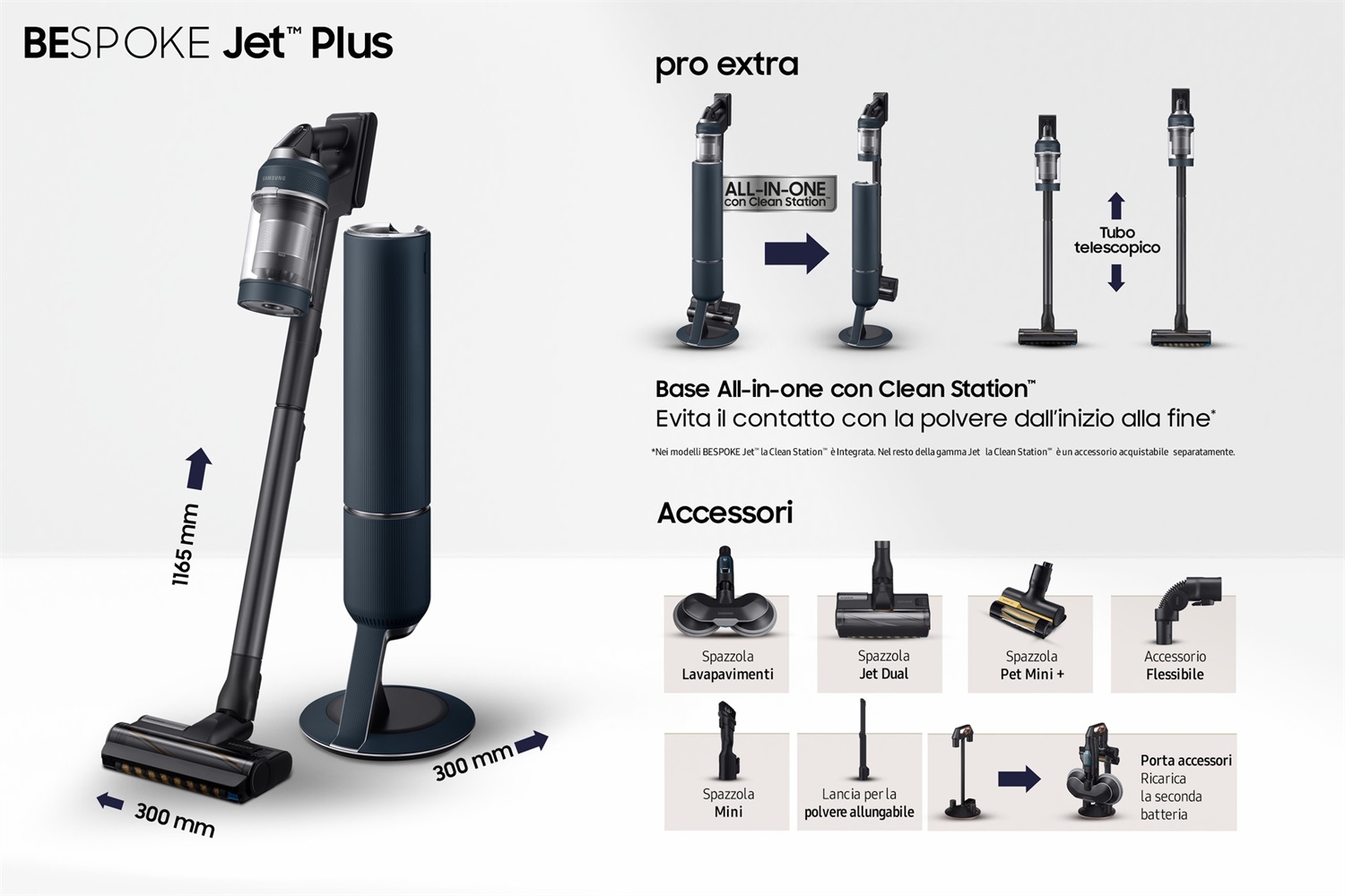 Samsung Aspirapolvere senza filo BESPOKE Jet™ Plus pro extra 210W - Fino a 120 Min di Autonomia, Clean Station, Midnight Blue