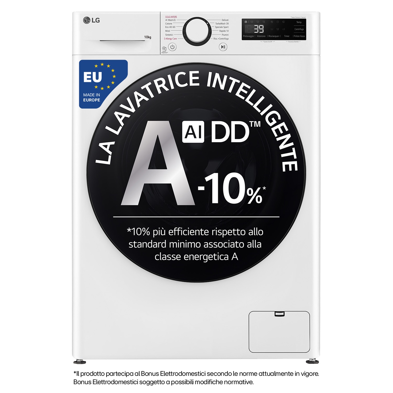 LG F4WR6010AGW Lavatrice 10kg AI DD, Carica Frontale, Classe A-10%, 1400 giri, TurboWash 360, Lavaggio a Vapore, Bianco