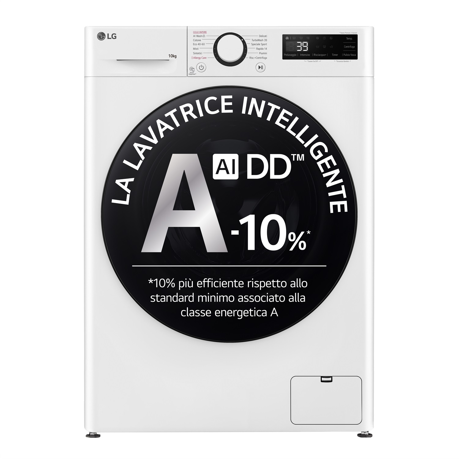 LG F4WR6010AGW Lavatrice 10kg AI DD, Carica Frontale, Classe A-10%, 1400 giri, TurboWash 360, Lavaggio a Vapore, Bianco
