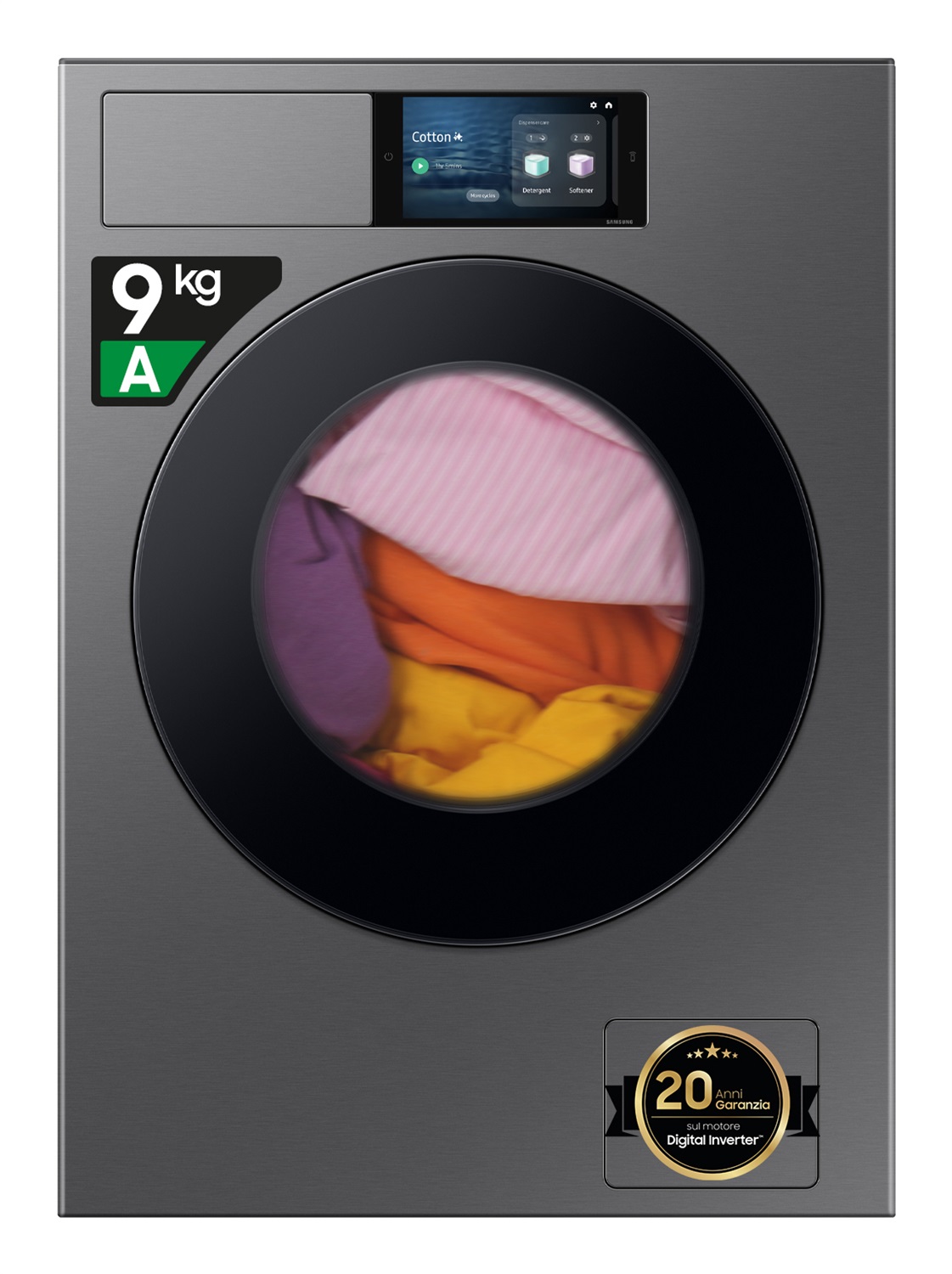 Samsung WF90F09C4SU3 Lavatrice Caricamento Frontale 9 kg 1400 Giri/min Classe A Dark Silver Steel con Oblò Nero, Wi-Fi e AI Wash