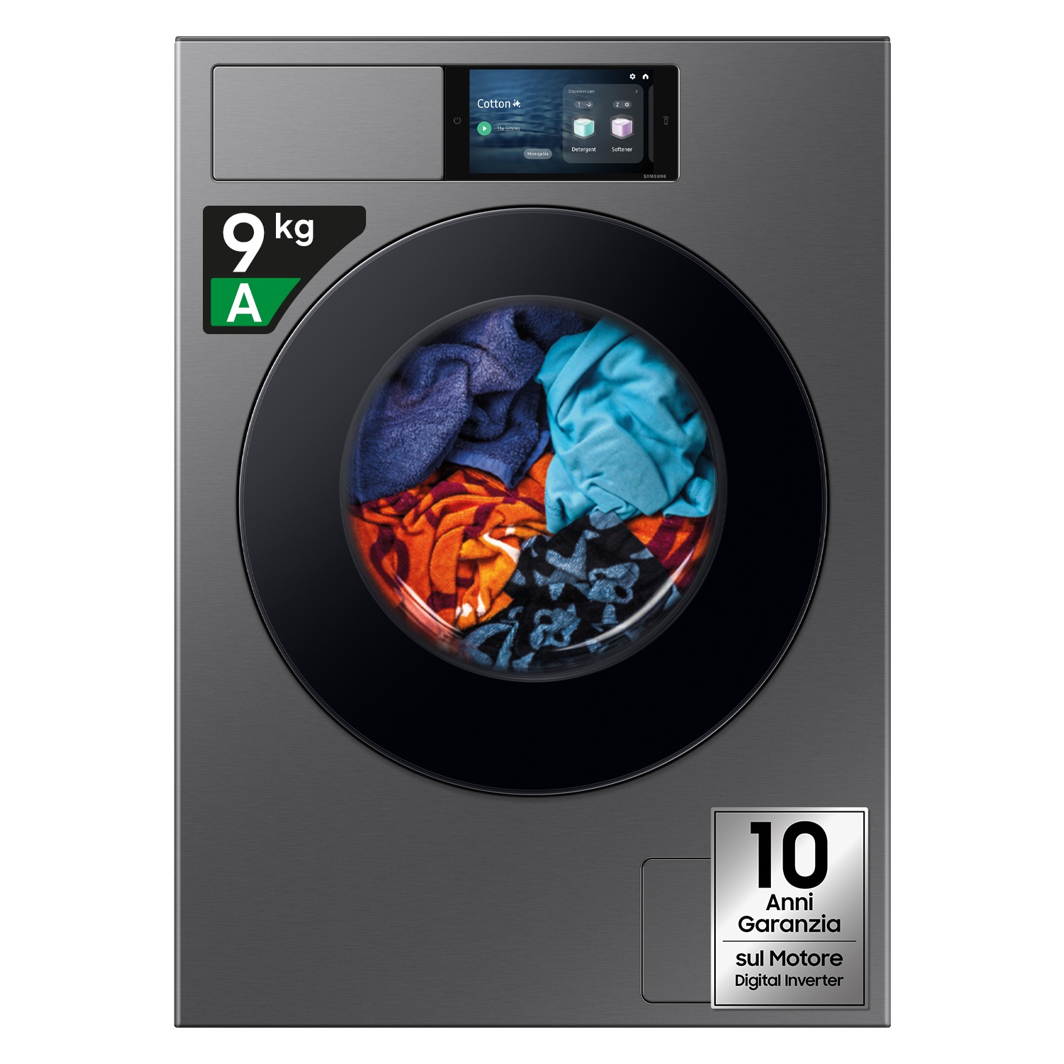 Samsung WF90F09C4SU3 Lavatrice Caricamento Frontale 9 kg 1400 Giri/min Classe A Dark Silver Steel con Oblò Nero, Wi-Fi e AI Wash