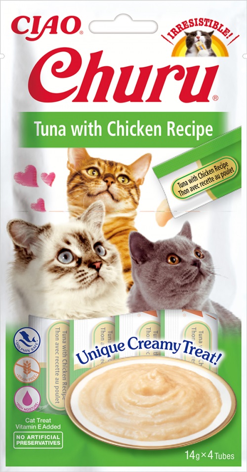 INABA Churu Snack Cremoso per Gatti al Tonno e Pollo - Confezione da 4 Stick da 14g - Snack Sano e Delizioso, Grain-Free