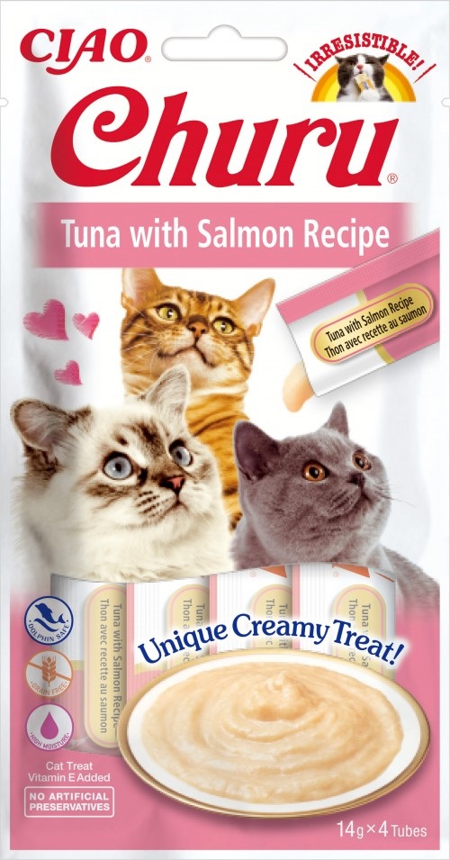 Inaba Churu Snack Cremoso per Gatti al Tonno e Salmone - 4 Stick da 14g, 100% Naturale e Senza Conservanti