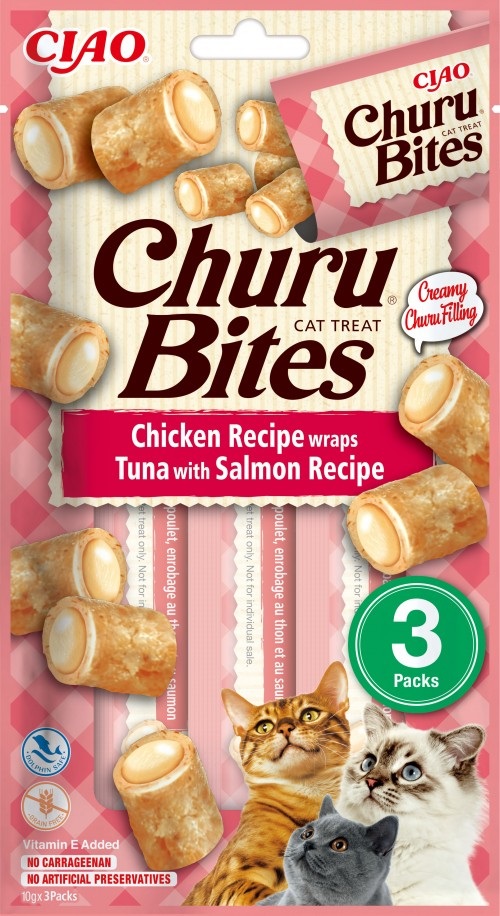 INABA Churu Bites Snack per Gatti - Pollo con Ripieno di Tonno e Salmone - 3 Stick da 10g - Morbido e Cremoso, Senza Conservanti