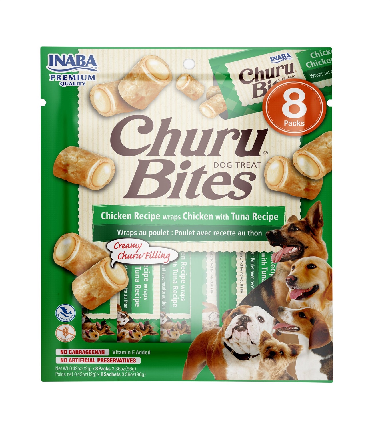 INABA Churu Bites Snack per Cani - Bocconcini di Pollo con Cuore di Tonno - 8 Stick x 12g - Alimento Complementare Morbido e Gustoso