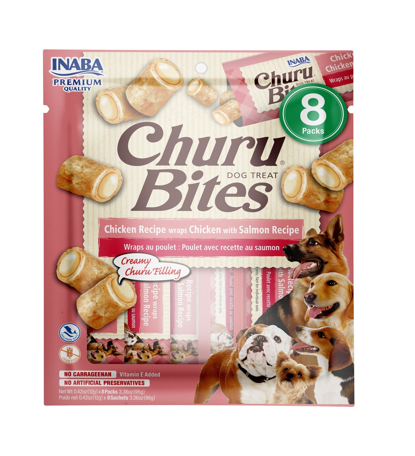 INABA Churu Bites Snack per Cani - Bocconcini di Pollo e Salmone, 8 Stick x 12g, Senza Conservanti e Coloranti Artificiali