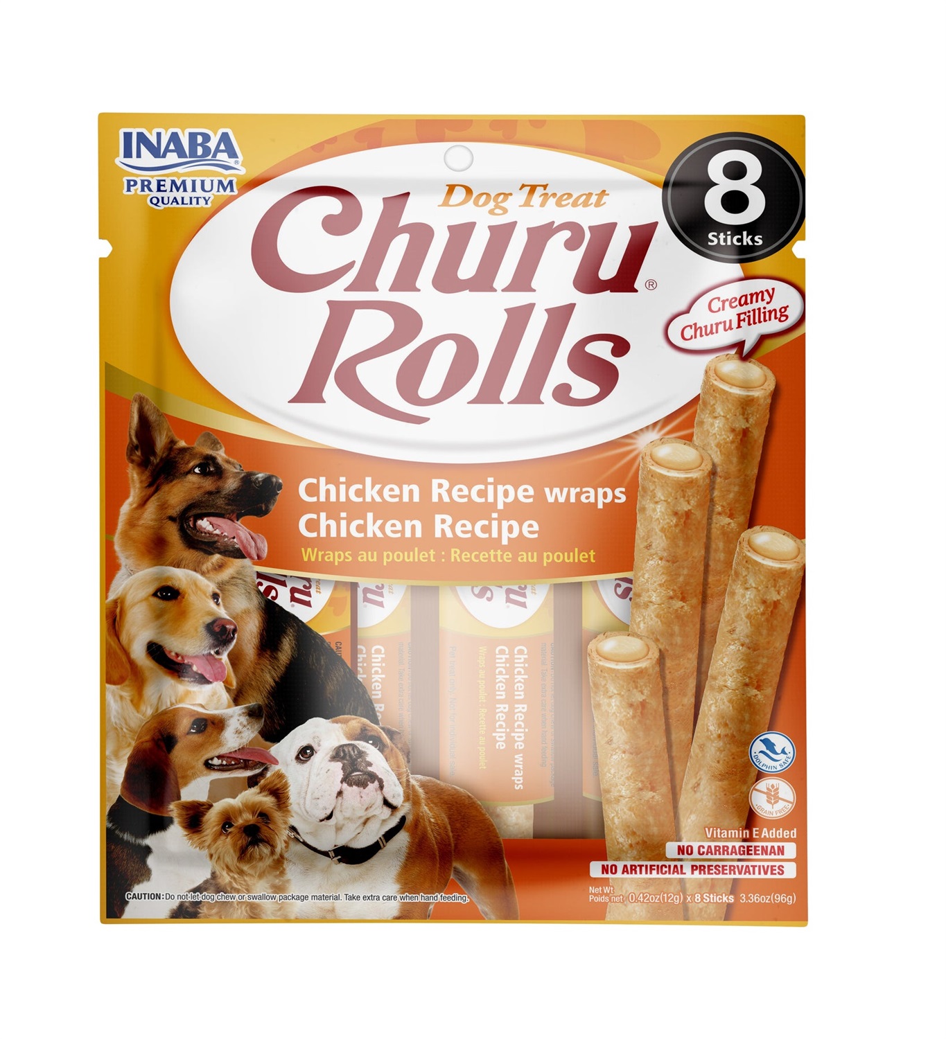 INABA Churu Rolls Snack per Cani al Pollo - 8 Stick da 12 g, Alimento Complementare per Premi