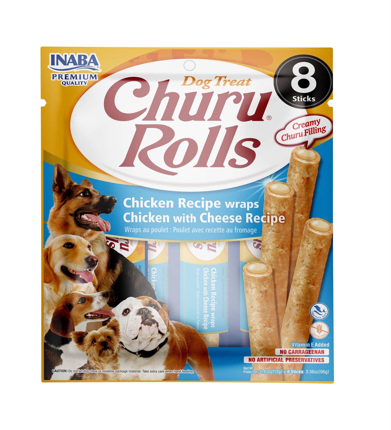 INABA Churu Rolls Snack per Cani - Pollo e Formaggio, 8 Stick da 12g