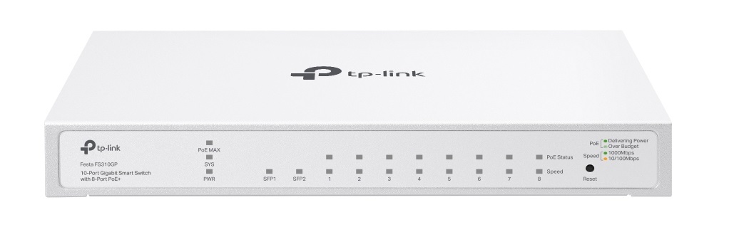 TP-Link Festa FS310GP - Switch Gigabit a 10 porte con 8 porte PoE 802.3af/at, 2 slot SFP, gestione cloud gratuita, budget PoE totale da 61 W, fino a 30 W per porta, Gestito L2/L2 , Bianco