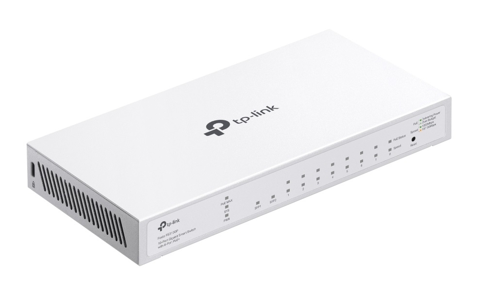 TP-Link Festa FS310GP - Switch Gigabit a 10 porte con 8 porte PoE 802.3af/at, 2 slot SFP, gestione cloud gratuita, budget PoE totale da 61 W, fino a 30 W per porta, Gestito L2/L2 , Bianco