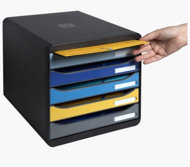 Exacompta Big Box Plus Cassettiera 5 Cassetti A4 Nero/Multicolore - Monoblocco Ultrarrigido con Portaetichetta
