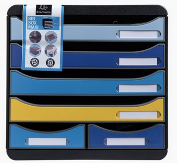 Exacompta Cassettiera Big Box Maxi Bee Blue - 6 cassetti A4 - Nero/Multicolore - Plastica - Dimensioni 347x278x271 mm