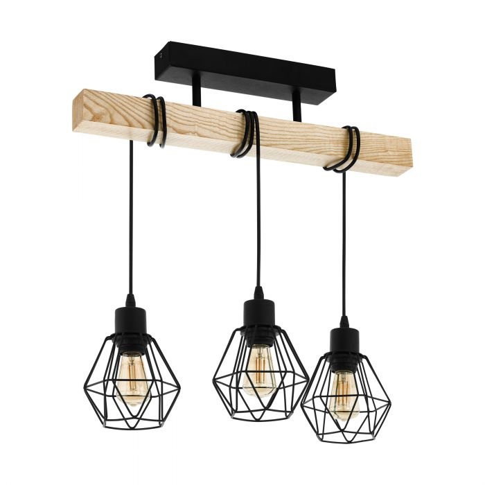 EGLO Townshend 5 Plafoniera Vintage Industriale a 3 Luci in Acciaio e Legno, Nero e Marrone, E27