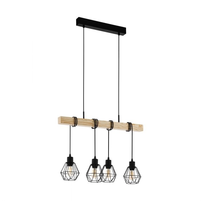 EGLO Townshend 5 Lampada a Sospensione Vintage in Legno e Acciaio con 4 Paralumi E27
