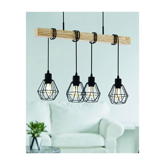EGLO Townshend 5 Lampada a Sospensione Vintage in Legno e Acciaio con 4 Paralumi E27
