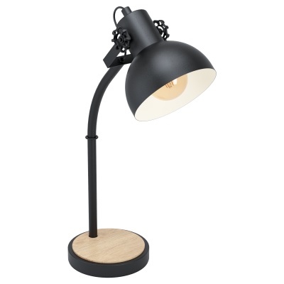 EGLO Lubenham Lampada da Tavolo Vintage Industriale E27 con Base in Legno e Paralume Orientabile Nero e Marrone