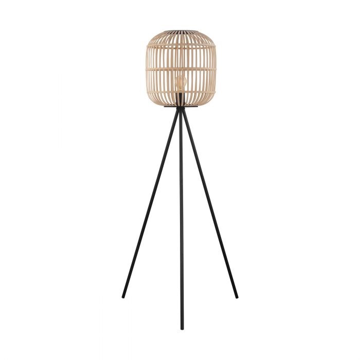 Eglo Bordesley Lampada da Pavimento Vintage in Acciaio Nero e Legno Naturale con Attacco E27 e Interruttore Graduale