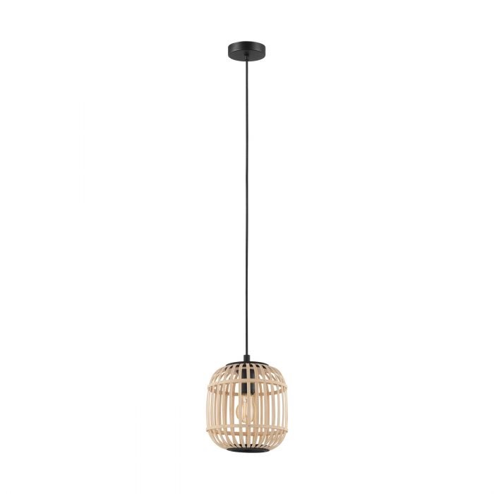 Eglo Bordesley Lampadario a Sospensione E27 1 Luce in Legno di Bambù e Metallo Nero