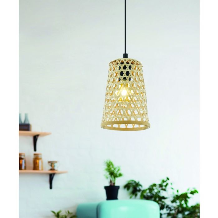 EGLO Claverdon Lampada a Sospensione in Rattan-Legno con Attacco E27, 18 cm di Larghezza e 110 cm di Altezza