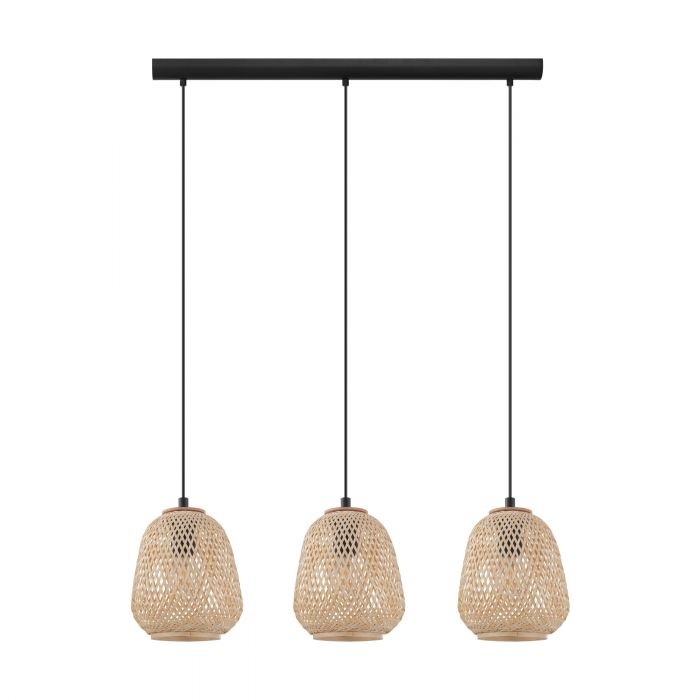 Eglo Dembleby Lampada a Sospensione Vintage a 3 Luci in Legno Naturale e Acciaio, Stile Hygge, Attacco E27