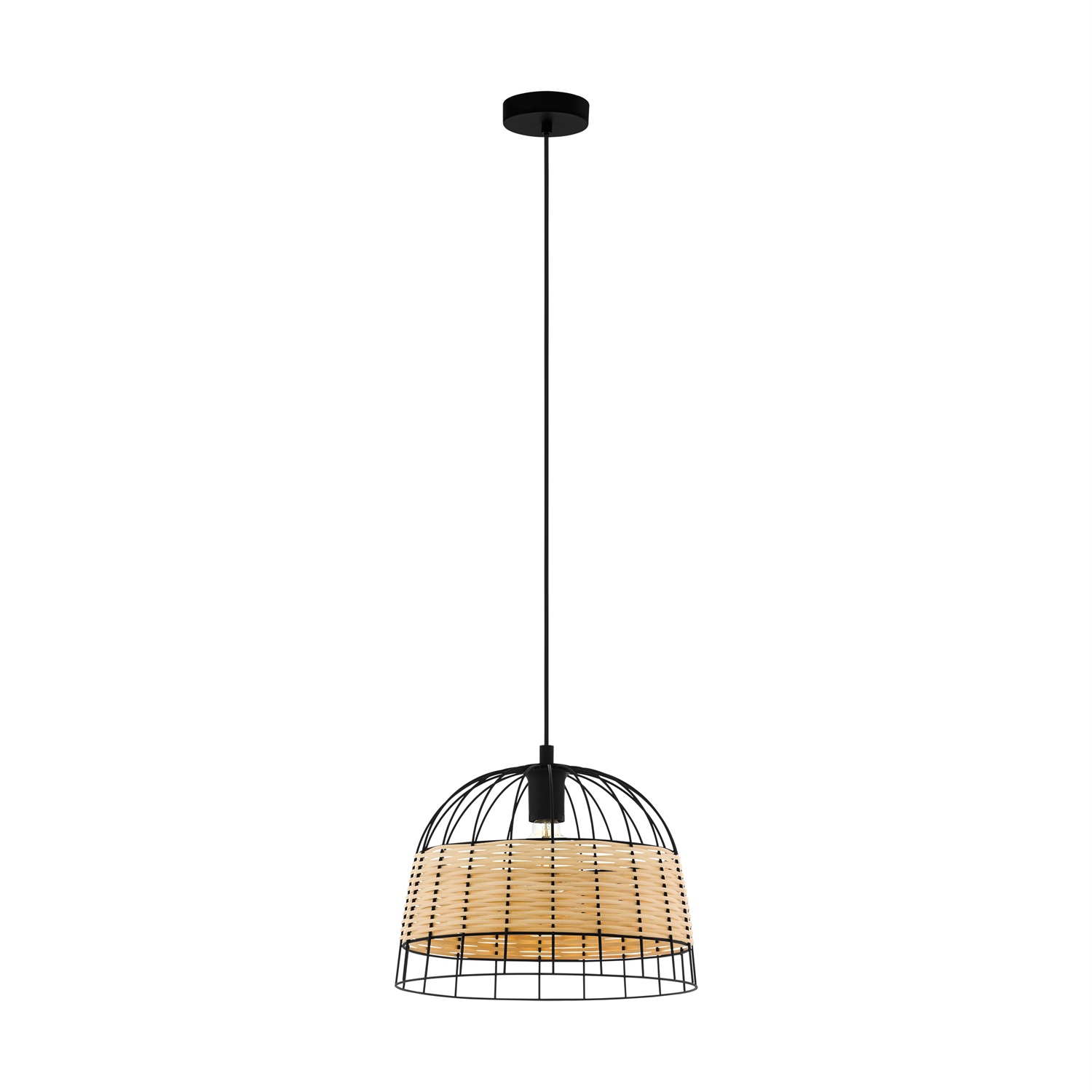 EGLO Anwick Lampadario a Sospensione Nero in Metallo e Rattan, E27 40W, Ø37cm