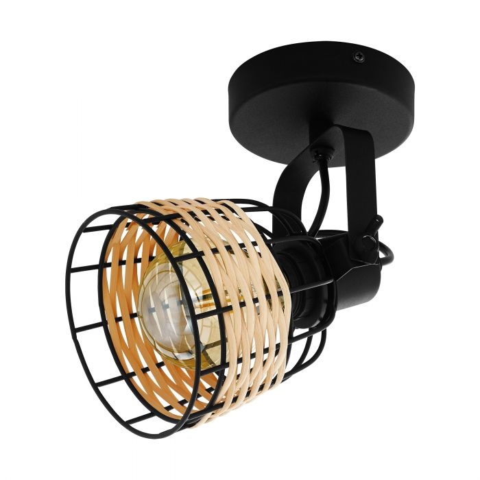 Eglo ANWICK 1 Faretto Orientabile in Rattan e Filo Nero, 1 x E27, 40 W, Stile Industriale e Vintage