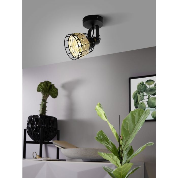 Eglo ANWICK 1 Faretto Orientabile in Rattan e Filo Nero, 1 x E27, 40 W, Stile Industriale e Vintage