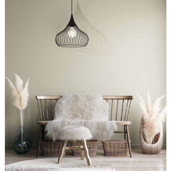 Eglo Staverton Lampadario a Sospensione E27 in Acciaio Nero e Legno Rustico, Diametro 36,5 cm, Altezza 110 cm