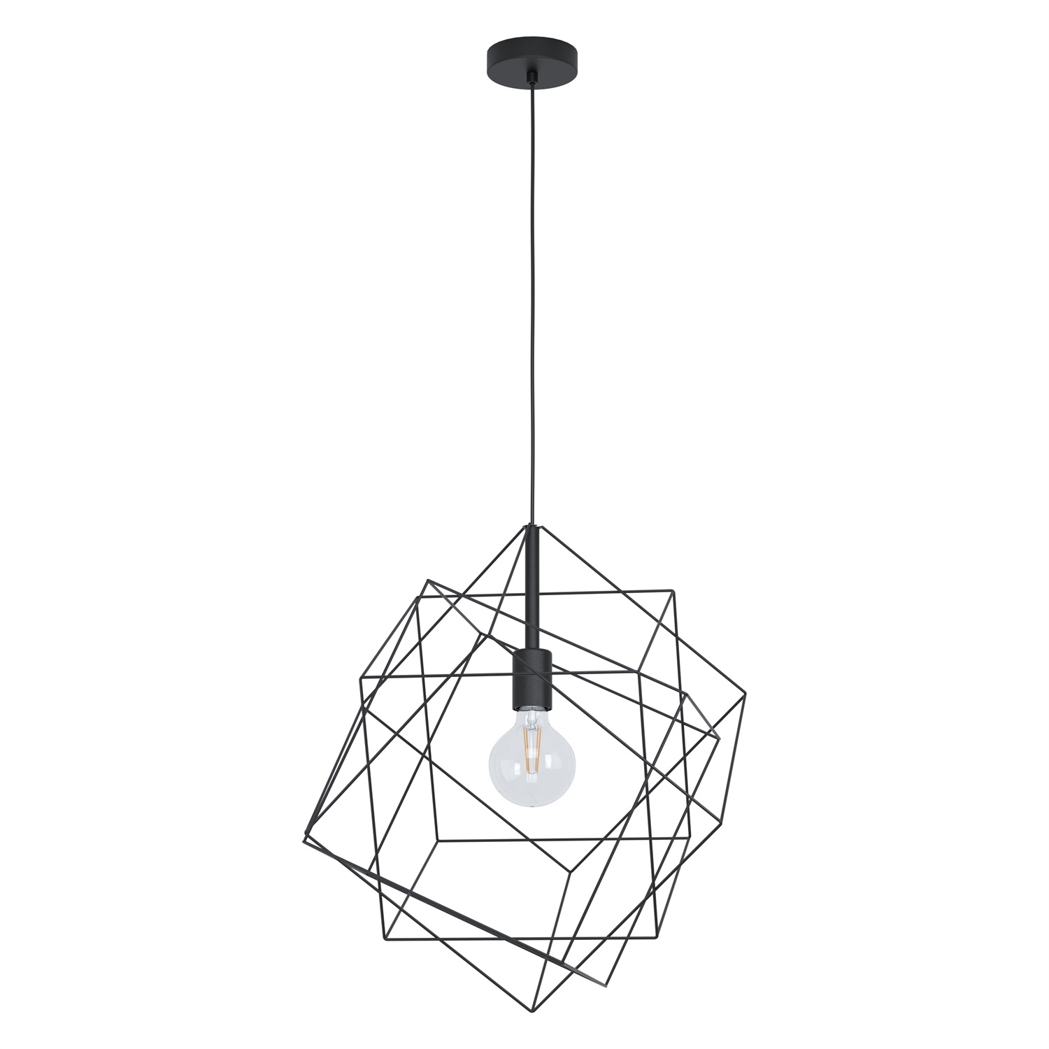 Eglo STRAITON Lampadario a Sospensione in Acciaio Nero con Paralume Quadrato in Filo e Tessuto Bianco, Attacco E27, 1x60W, Ø51,5cm