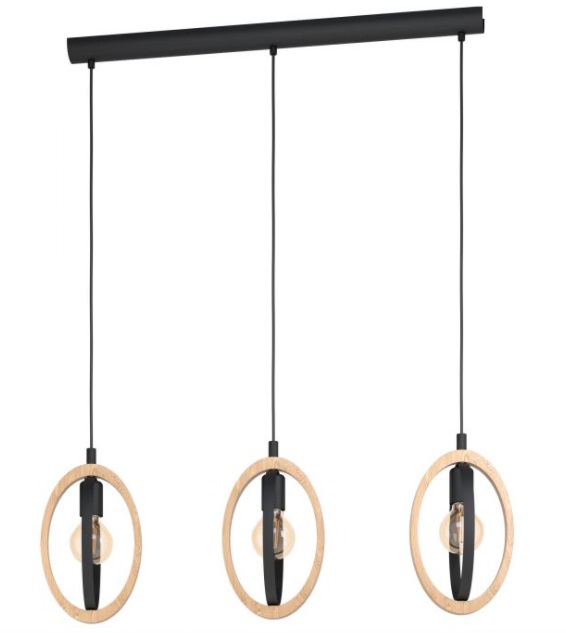 EGLO Basildon Lampada a Sospensione 3 Luci E27 in Metallo e Legno, Design Vintage Industriale, L 78 cm