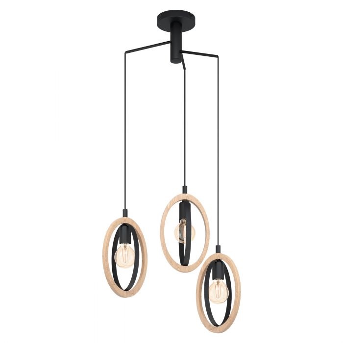 EGLO Lampadario Industrial Basildon 3 Luci in Metallo Nero e Legno Chiaro, Ø 61,5 cm